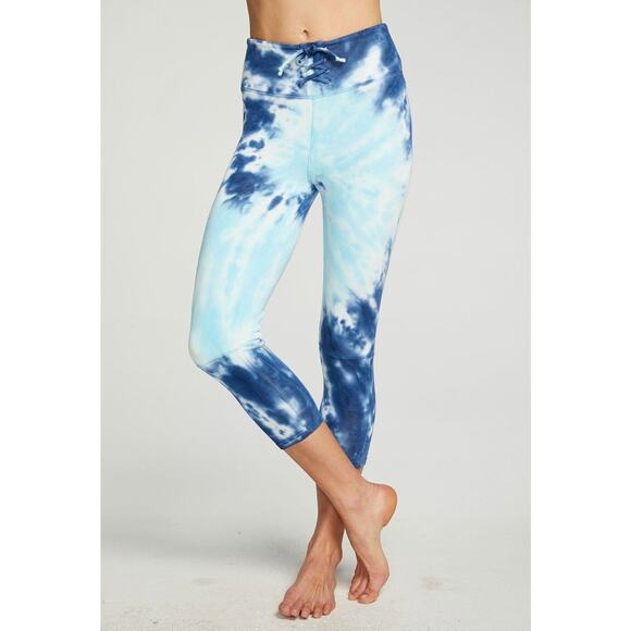 Chaser Pants - CHASER Workout Cropped Leggings Womens XS Blue Tie Dye Wave Lace up NEW